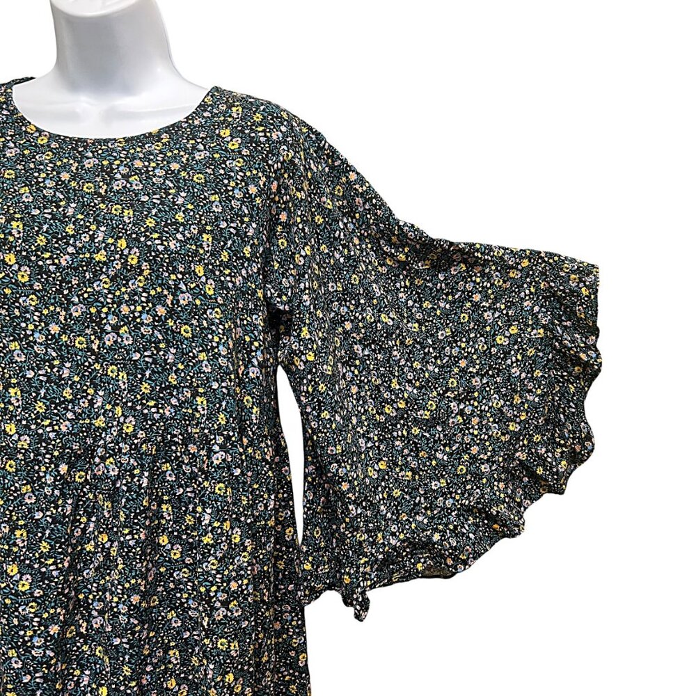 Black Vibrant Floral Voluminous Bell Sleeve Babydoll Dress Size XL - Picture 5 of 7